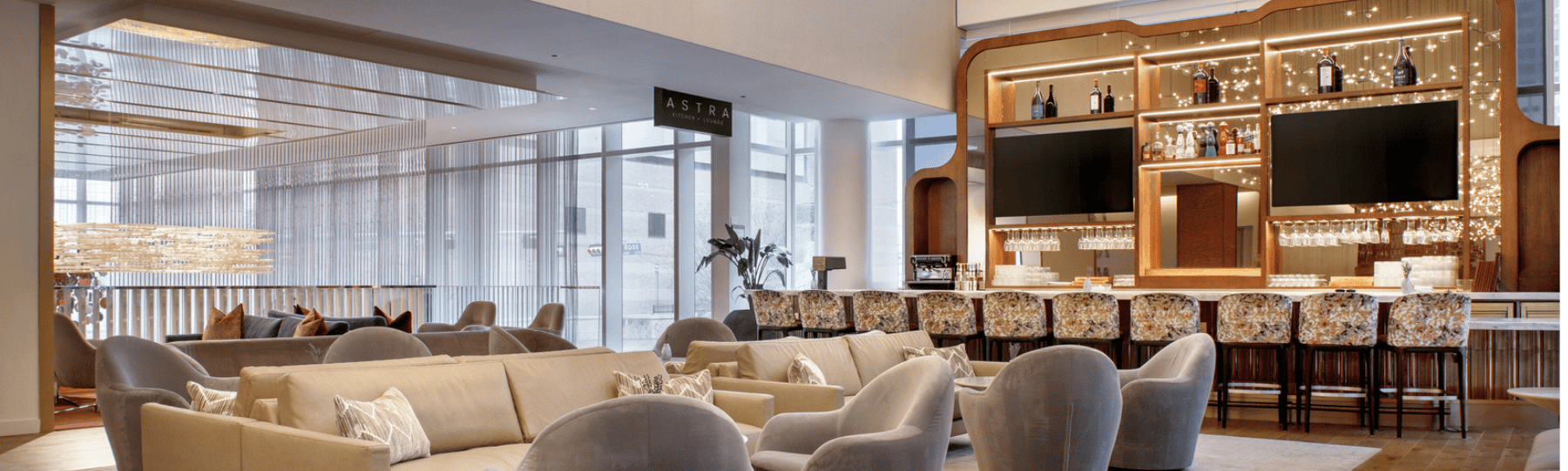 Modern hotel bar setup inside Astra Kitchen & Lounge